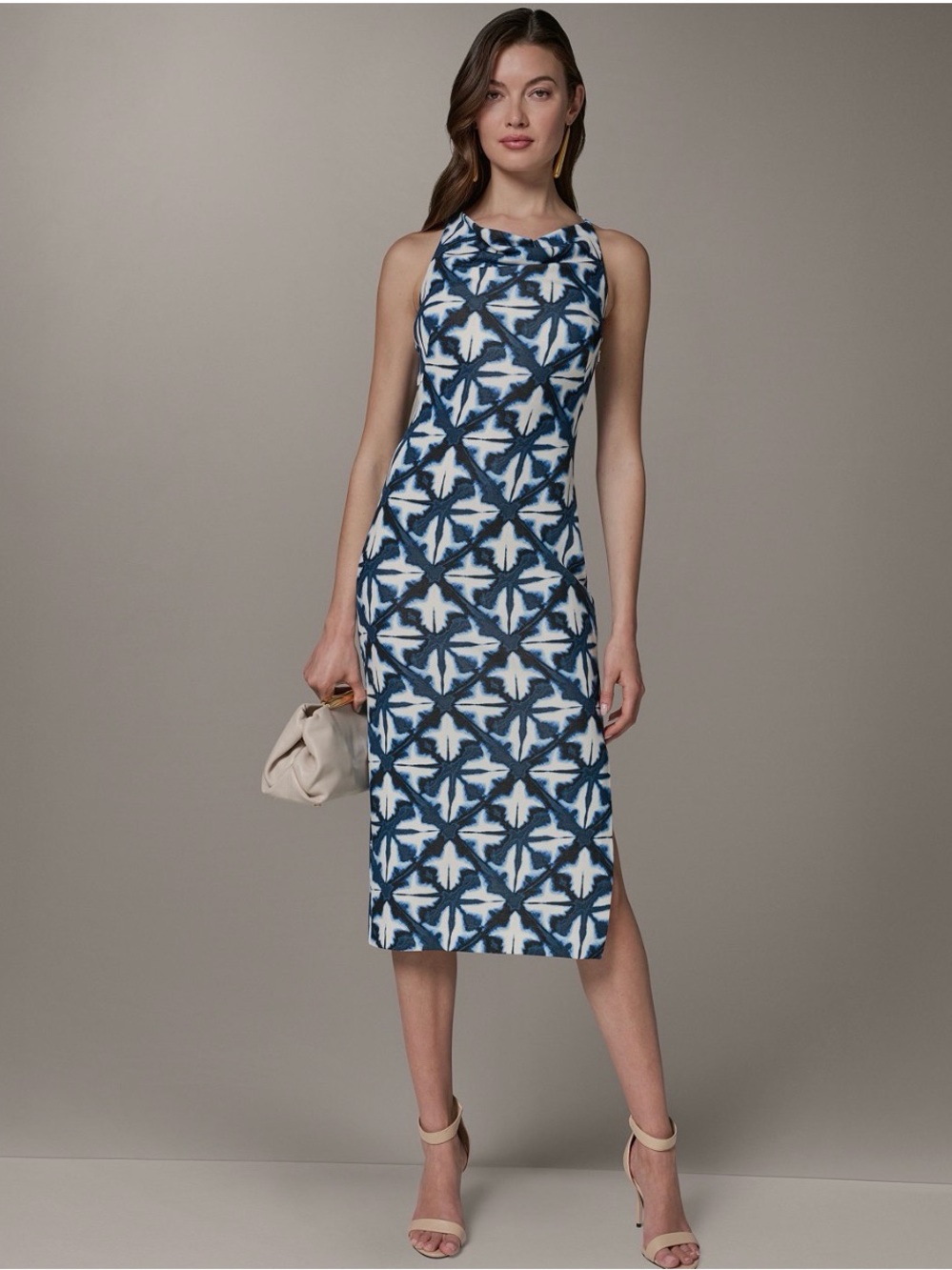 Donna Karan Navy and White Geometric Halter Midi Dress